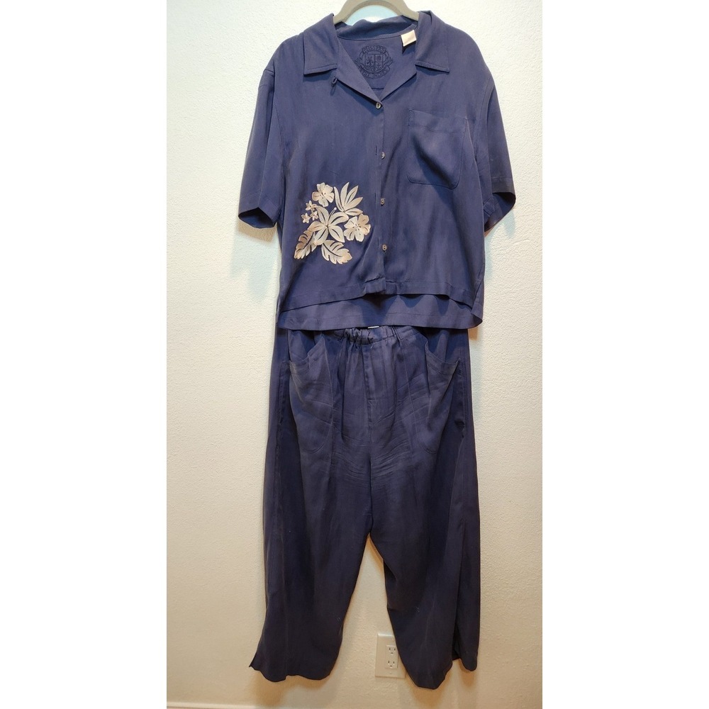 Fussers West Indies Silk Set Floral Shirt Pants Blue M L Resort